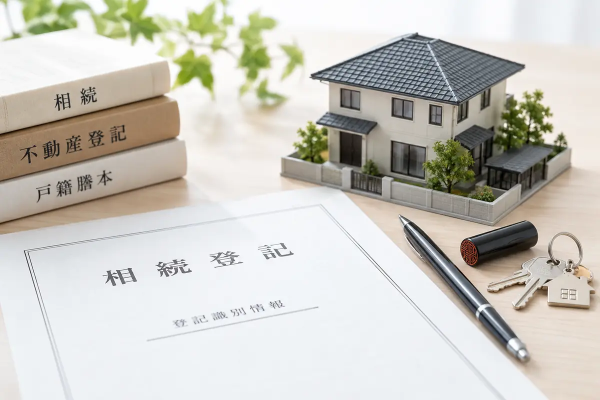 相続登記の書類と住宅の模型、印鑑、鍵を机に並べたイメージ
