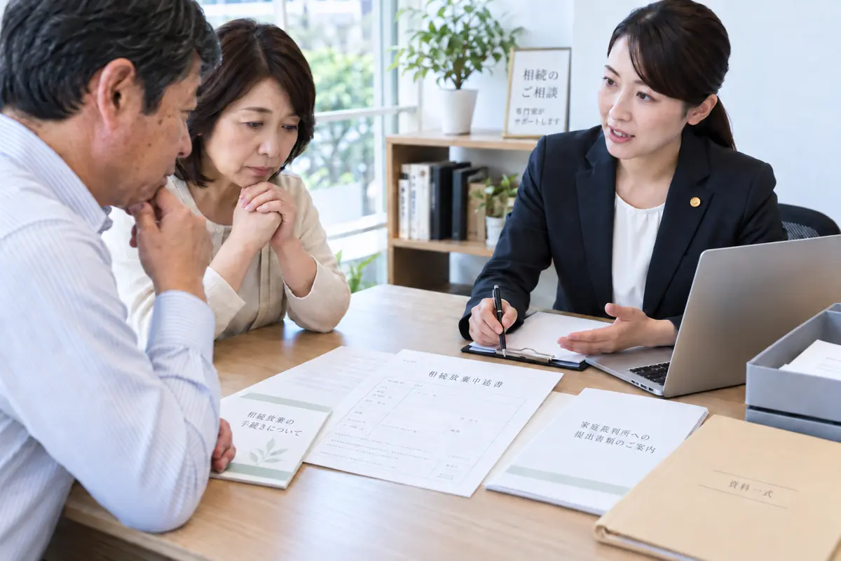 相続放棄申述書などの書類を前に、専門家が夫婦に手続きを説明しているイメージ