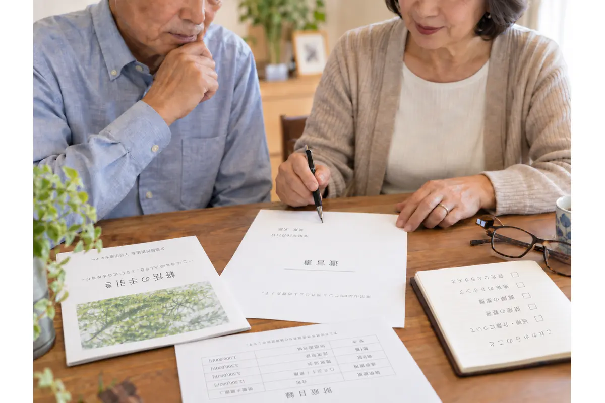 夫婦が遺言書や財産目録を前に、遺言の内容を話し合っているイメージ